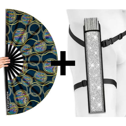 XL UV reactive luxury festival fan with silver shimmer holster bundle
