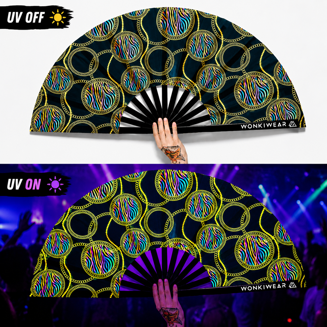 XL UV reactive luxury festival fan shown in daylight and glowing under UV blacklight