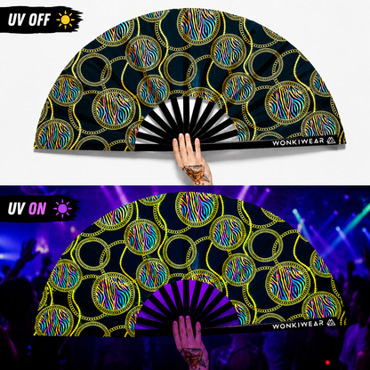 XL UV reactive luxury festival fan shown in daylight and glowing under UV blacklight