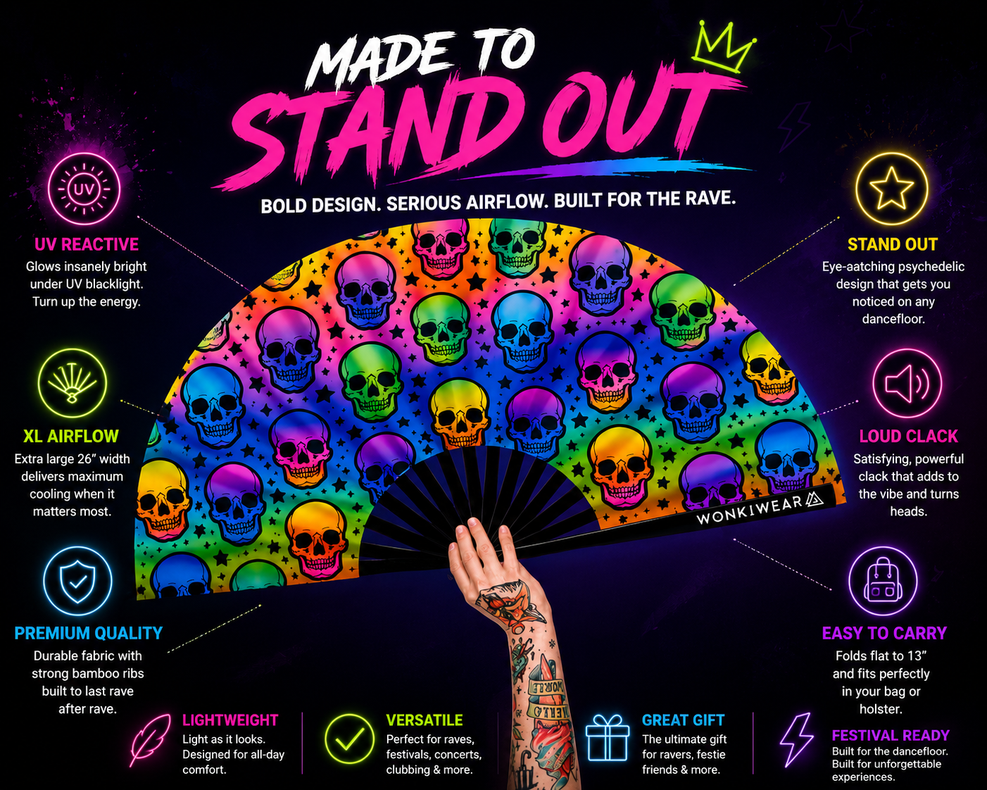 Benefits infographic showing UV glow bamboo ribs XL airflow portability and loud clack snap