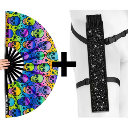 XL UV reactive skull festival fan with black shimmer holster bundle