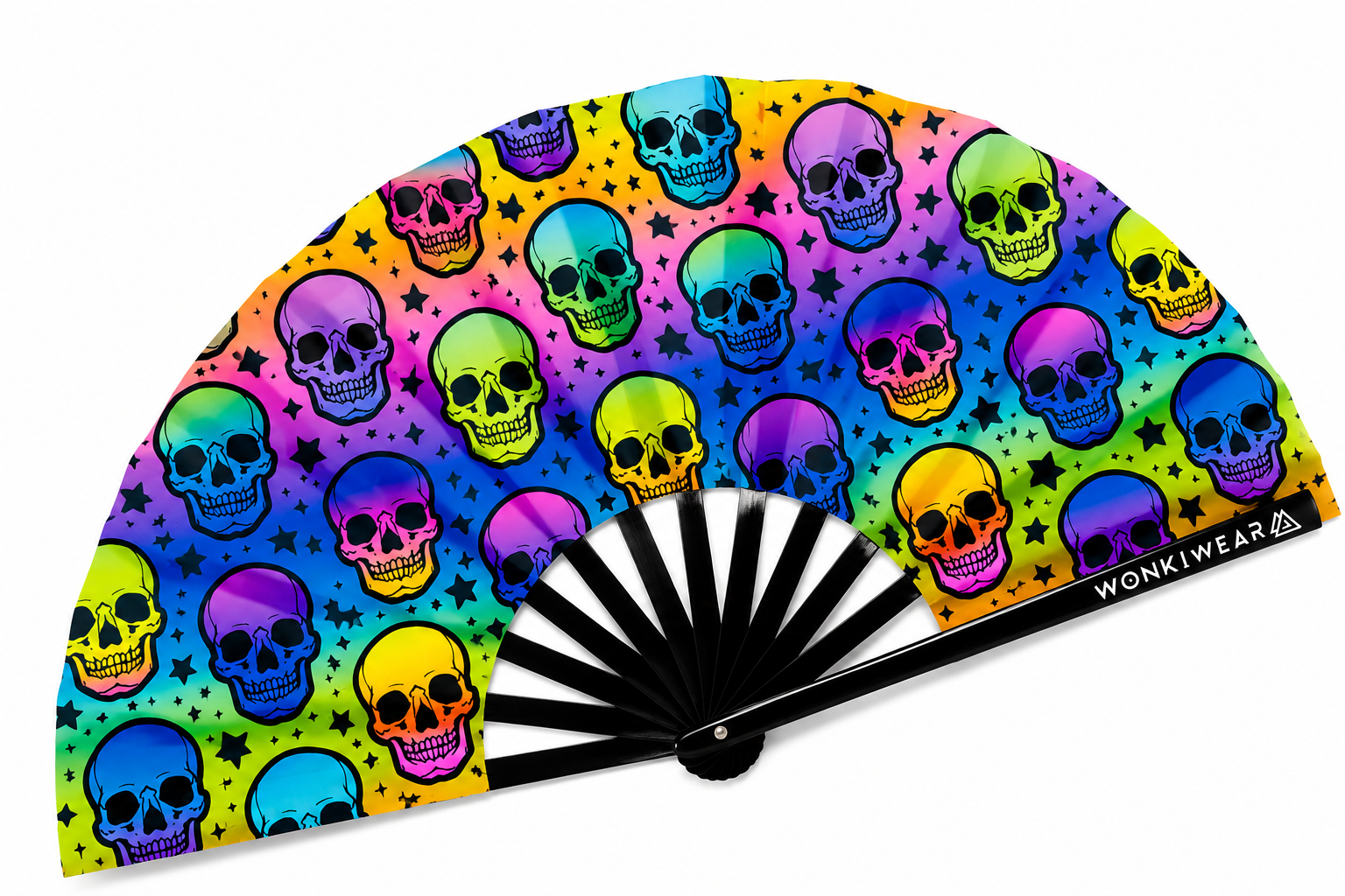 Close up detail of neon skull UV reactive rave fan print and black bamboo ribs