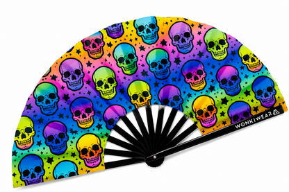Close up detail of neon skull UV reactive rave fan print and black bamboo ribs