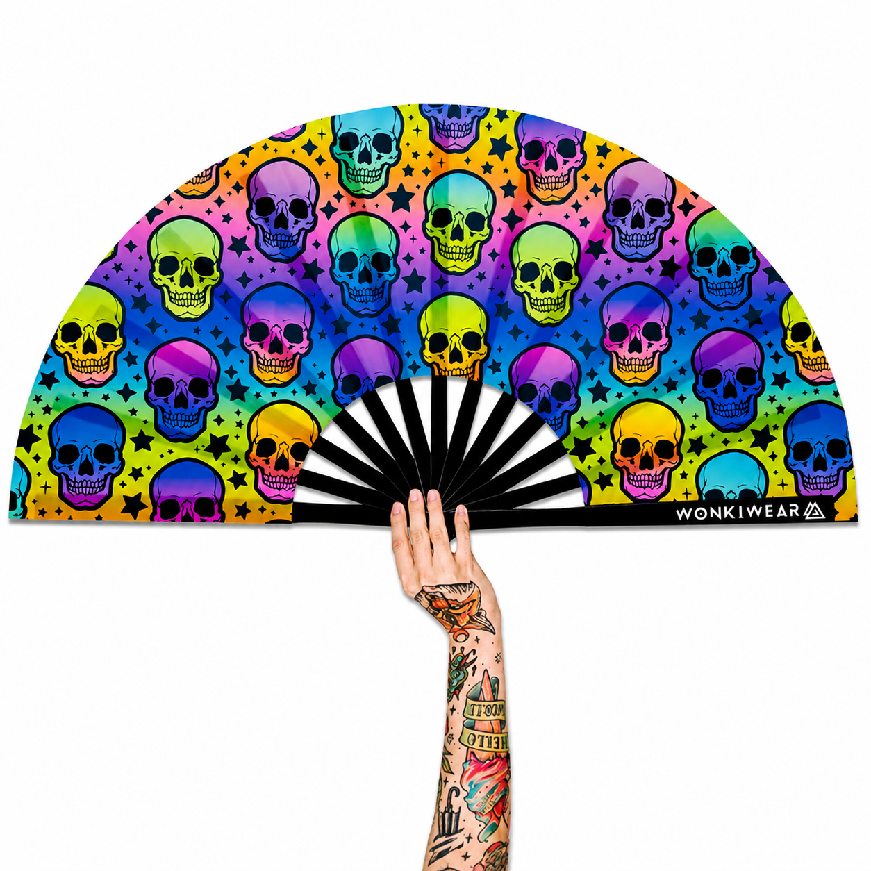 XL UV reactive skull festival fan with black bamboo ribs on white background