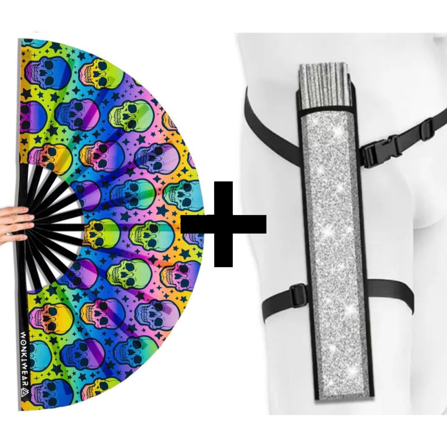XL UV reactive skull festival fan with silver shimmer holster bundle