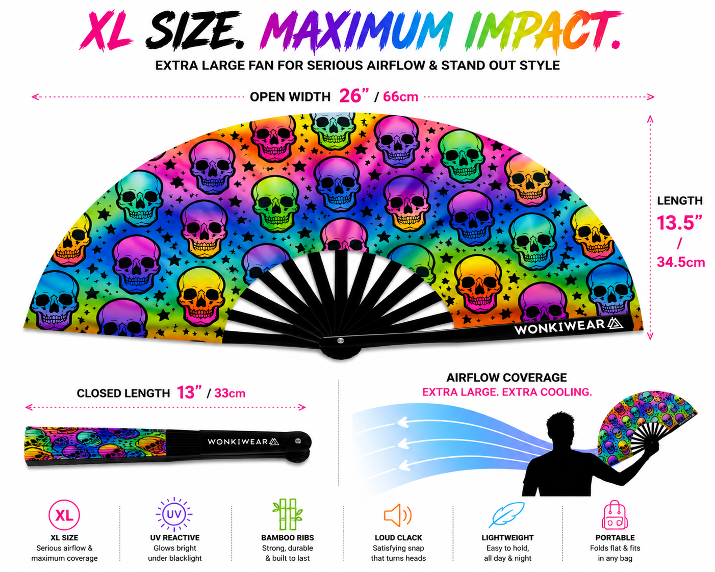 XL skull rave fan dimensions and airflow coverage size guide