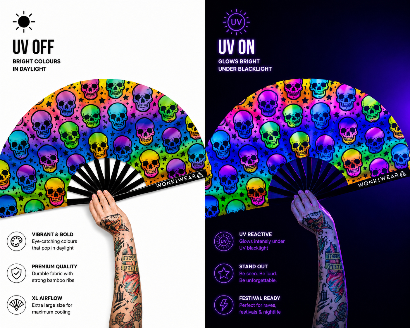XL UV reactive skull festival fan shown in daylight and glowing under UV blacklight