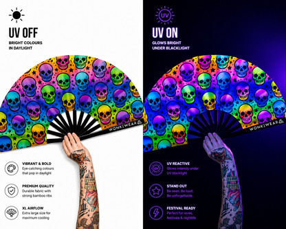 XL UV reactive skull festival fan shown in daylight and glowing under UV blacklight