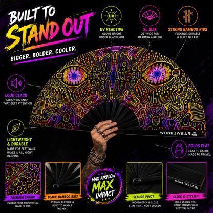 Benefits infographic showing UV glow bamboo ribs airflow and portability of techno psytrance rave fan