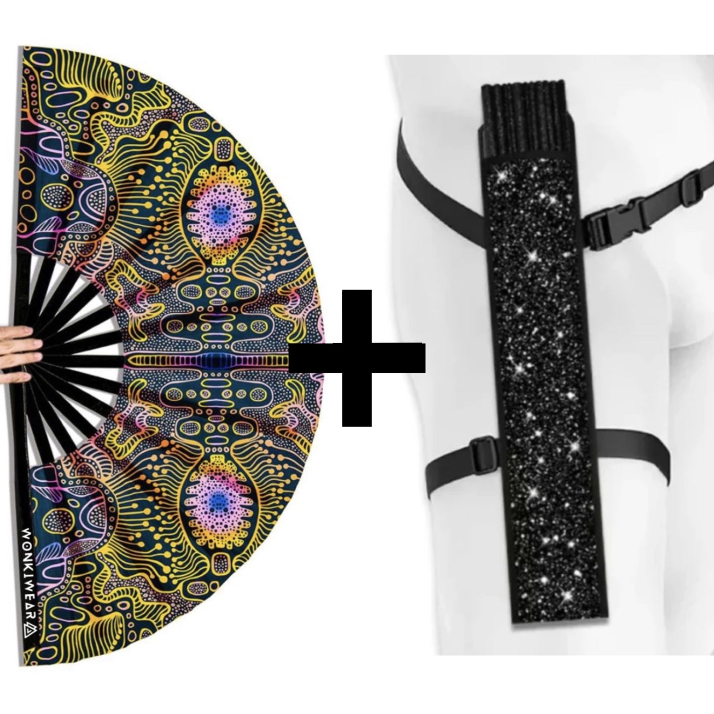 XL UV reactive techno psytrance festival fan with black shimmer holster bundle