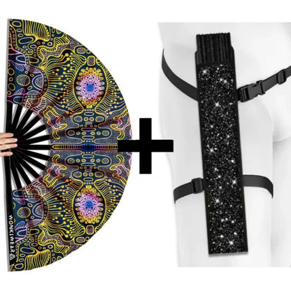 XL UV reactive techno psytrance festival fan with black shimmer holster bundle