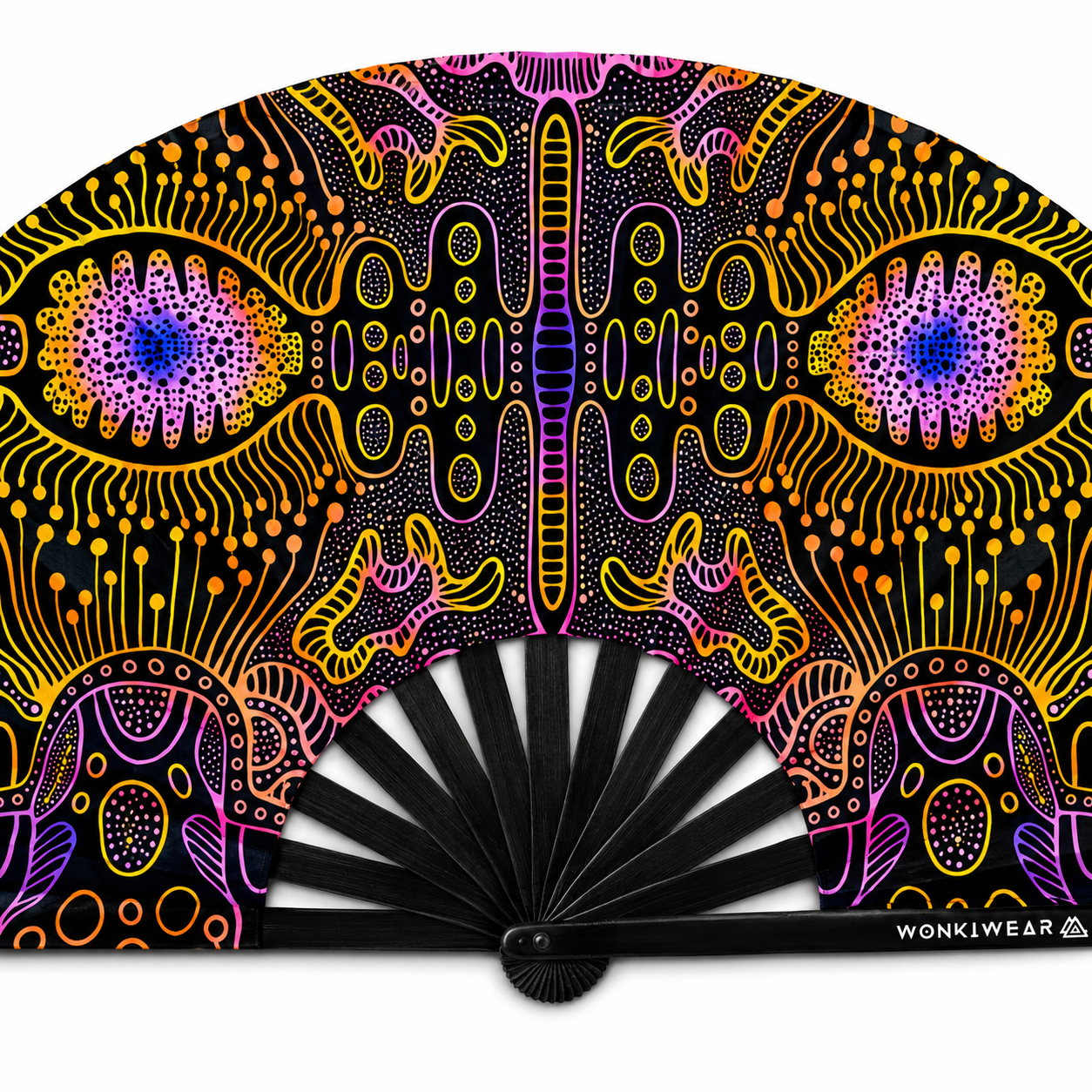 Close up detail of UV reactive psychedelic techno rave fan fabric and black bamboo ribs