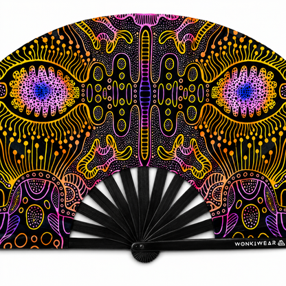 Close up detail of UV reactive psychedelic techno rave fan fabric and black bamboo ribs