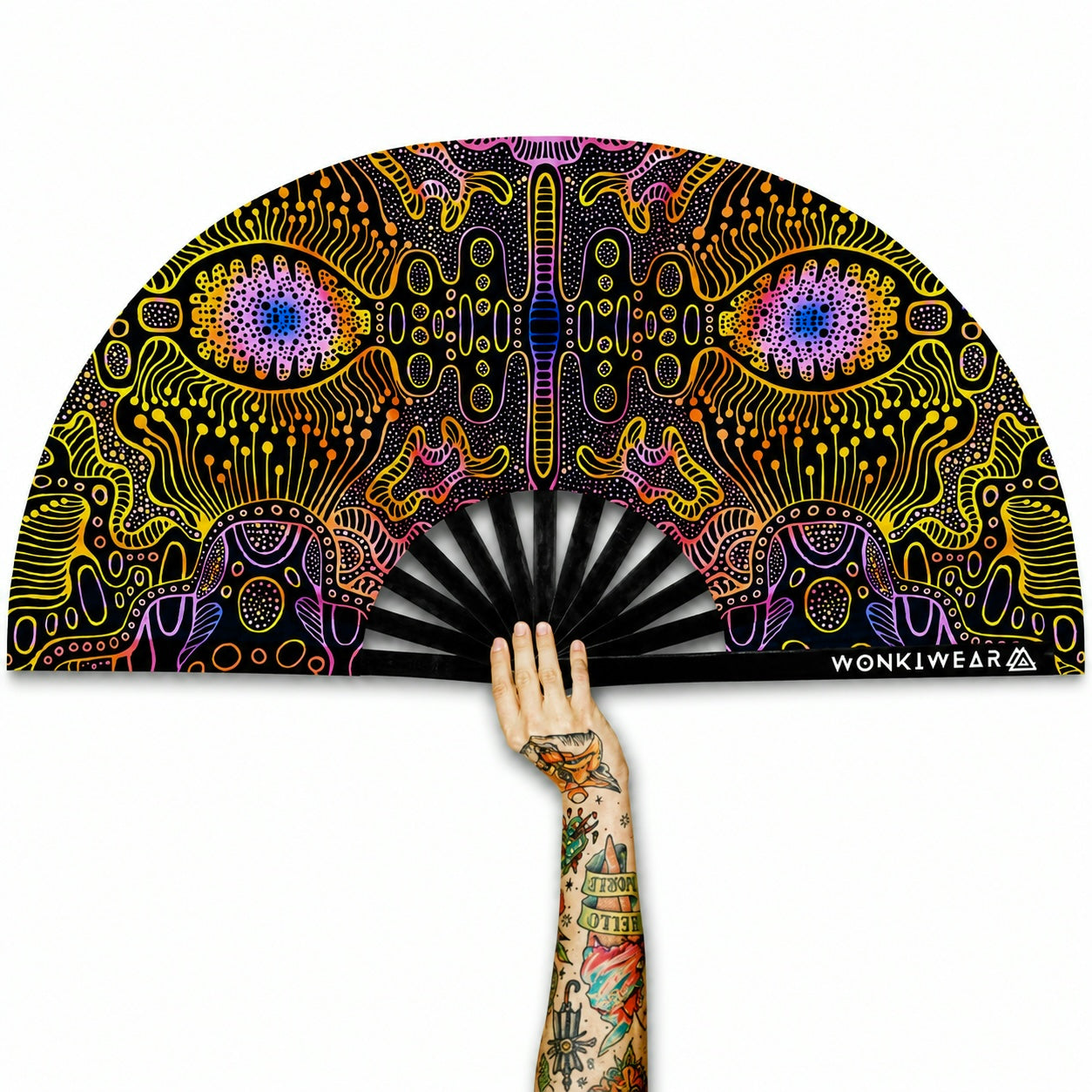 XL UV reactive techno psytrance festival fan with black bamboo ribs on white background
