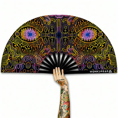 XL UV reactive techno psytrance festival fan with black bamboo ribs on white background