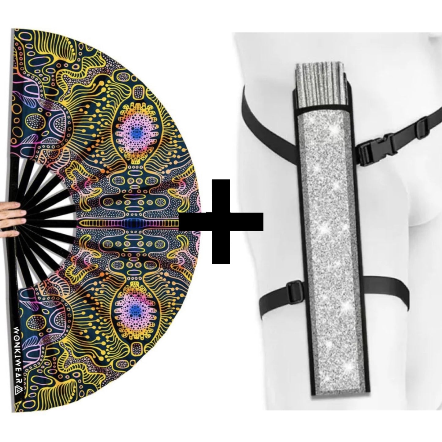 XL UV reactive techno psytrance rave fan with silver shimmer holster bundle