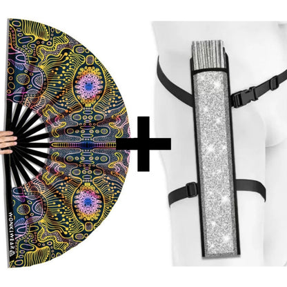 XL UV reactive techno psytrance rave fan with silver shimmer holster bundle