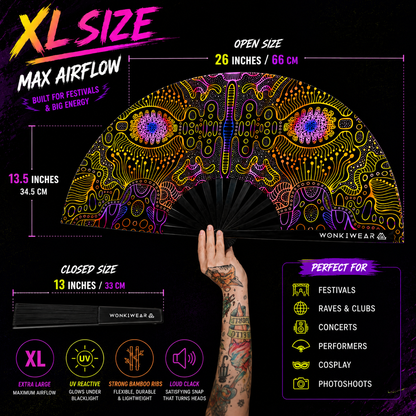 XL techno psytrance festival fan dimensions and size guide showing airflow coverage