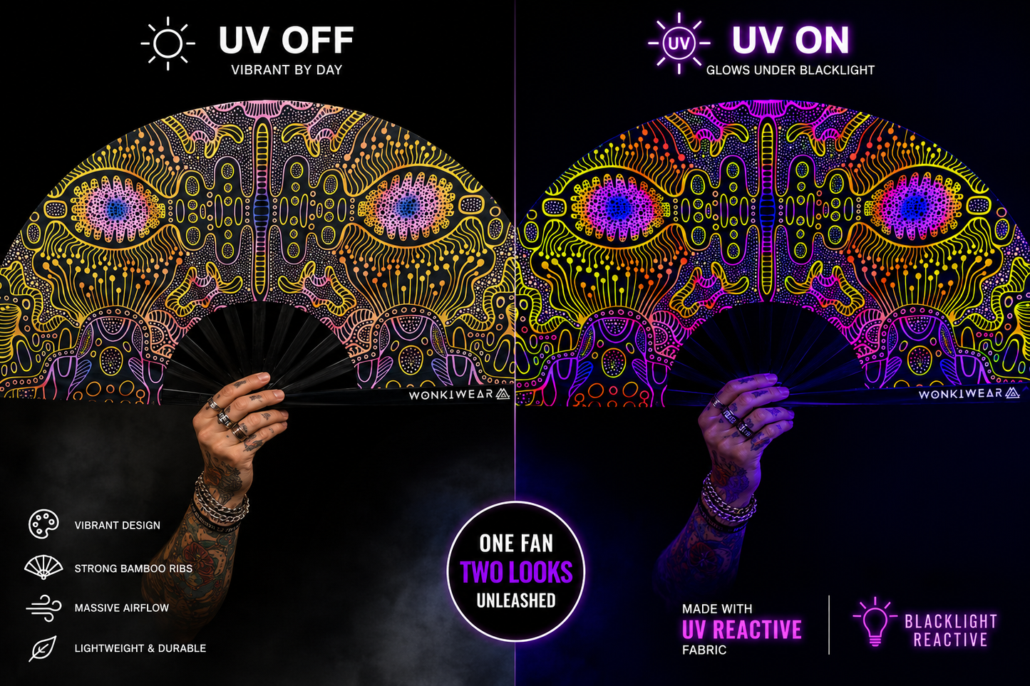 UV reactive techno psytrance festival fan shown in daylight and glowing under blacklight
