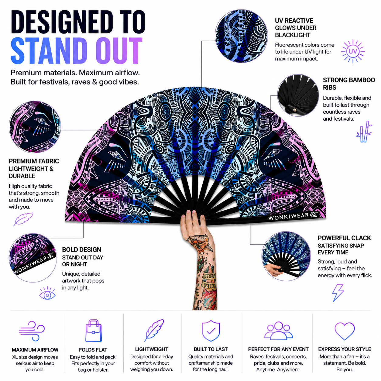 Benefits infographic showing UV glow bamboo ribs airflow and XL size of tribal rave fan