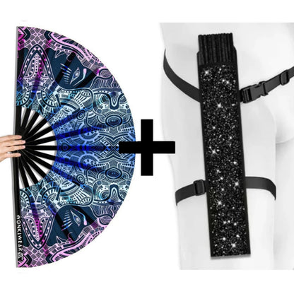 XL UV reactive tribal psytrance festival fan with black shimmer holster bundle