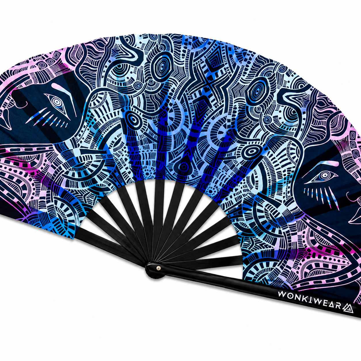 Close up detail of tribal geometric UV reactive rave fan fabric and bamboo ribs