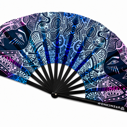 Close up detail of tribal geometric UV reactive rave fan fabric and bamboo ribs