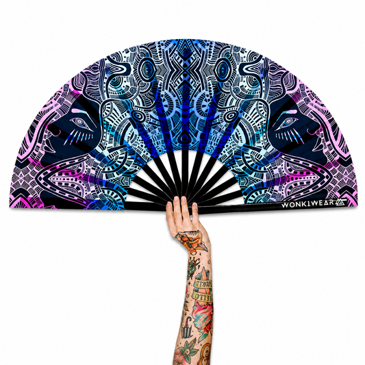 XL UV reactive tribal psytrance festival fan with black bamboo ribs on white background