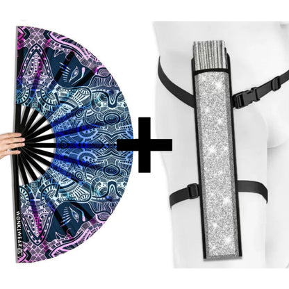 XL UV reactive tribal psytrance rave fan with silver shimmer holster bundle
