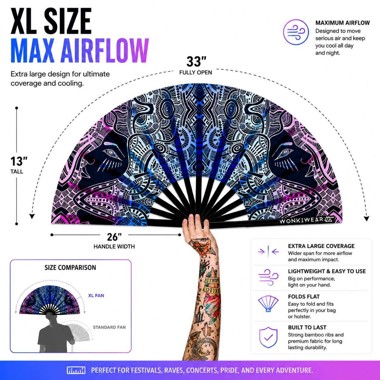 XL tribal psytrance UV reactive rave fan size guide showing dimensions and airflow coverage