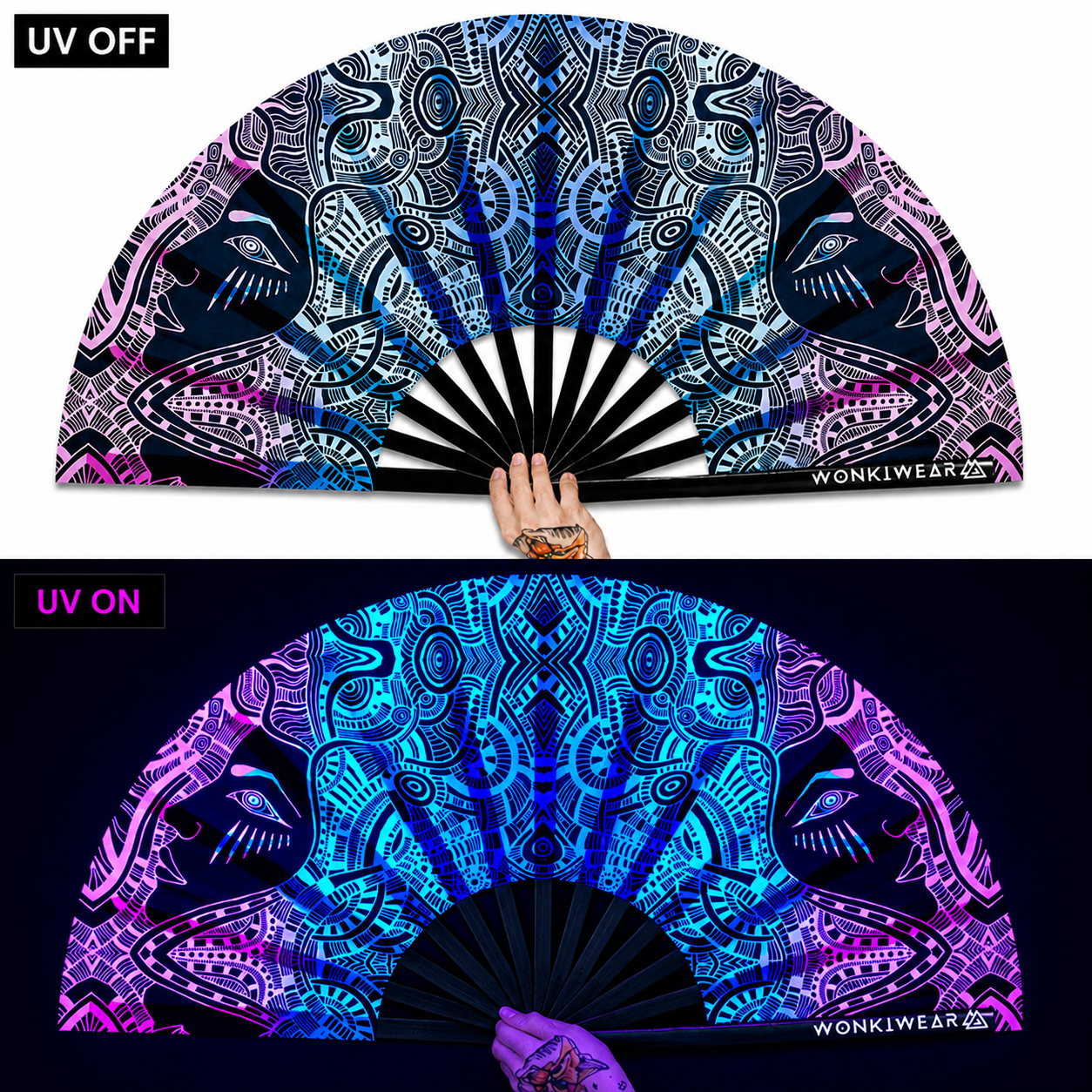 Comparison of tribal psytrance festival fan in normal light and glowing under UV blacklight