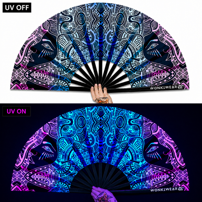 Comparison of tribal psytrance festival fan in normal light and glowing under UV blacklight
