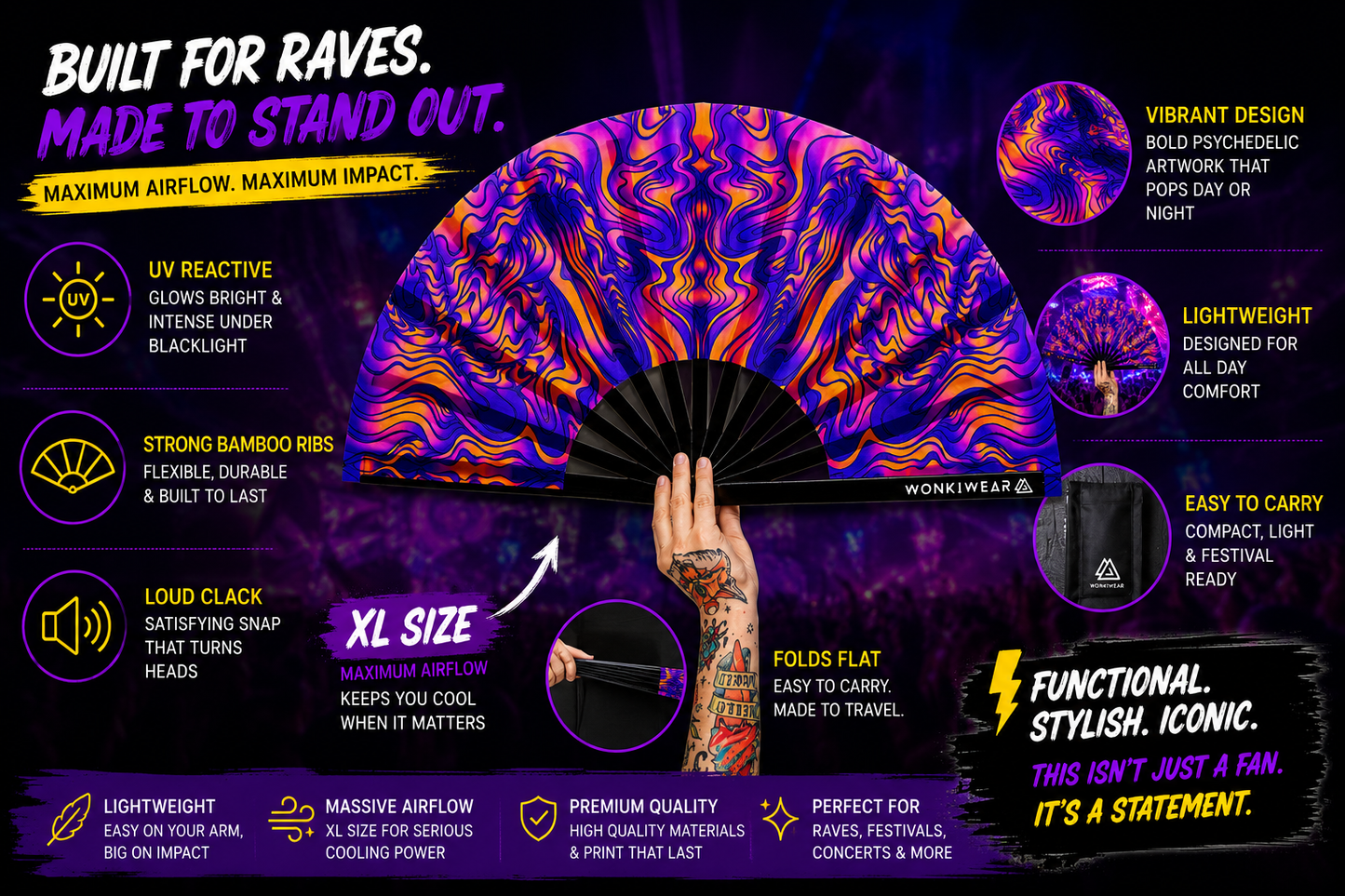 Benefits infographic showing UV glow bamboo ribs XL airflow and portability of trippy rave fan