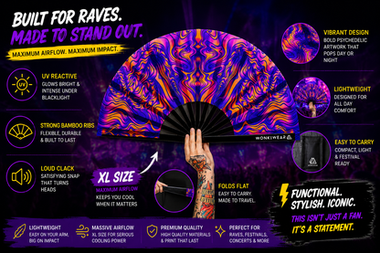 Benefits infographic showing UV glow bamboo ribs XL airflow and portability of trippy rave fan