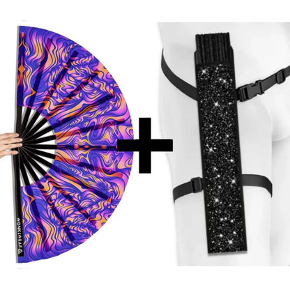 XL UV reactive trippy orange blue festival fan with black shimmer holster bundle