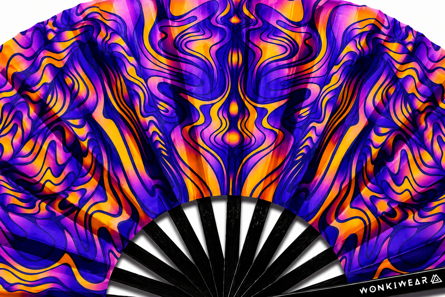 Close up detail of psychedelic orange blue UV reactive rave fan fabric and black bamboo ribs