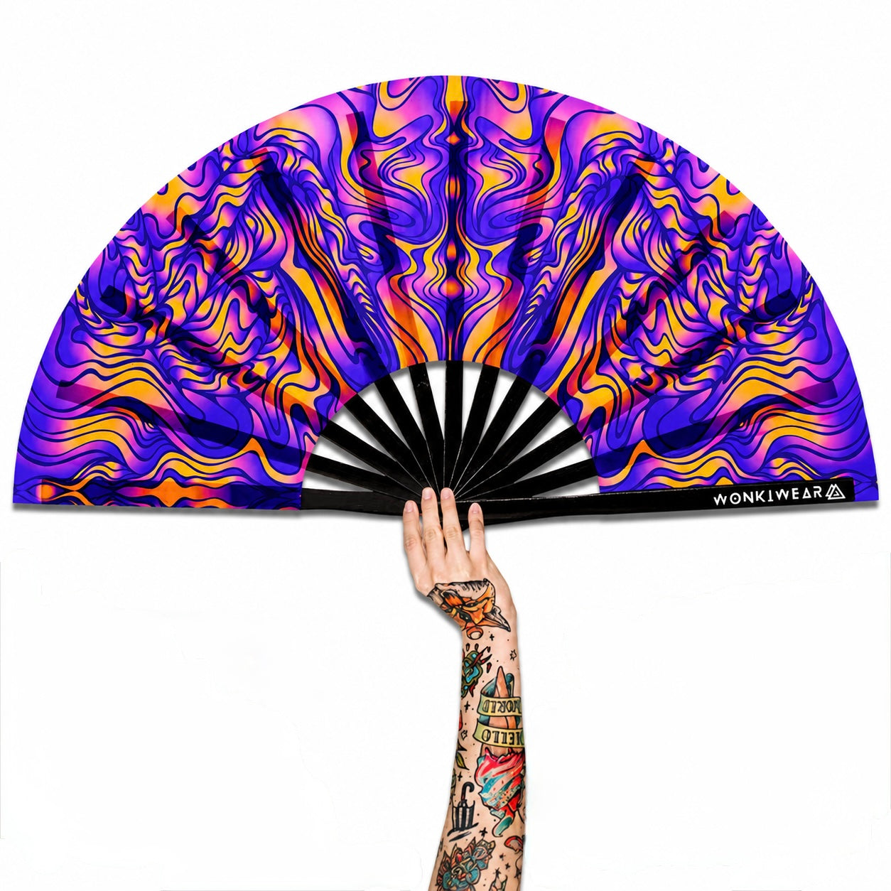 XL UV reactive trippy orange and blue festival fan with black bamboo ribs on white background