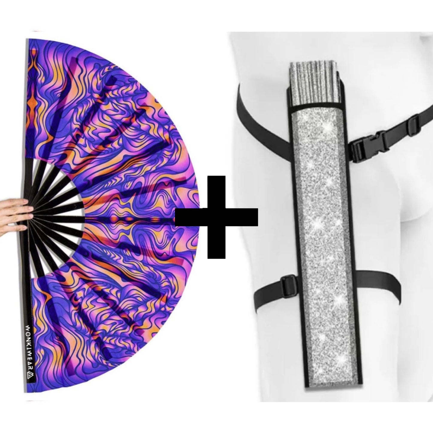 XL UV reactive trippy orange blue rave fan with silver shimmer holster bundle
