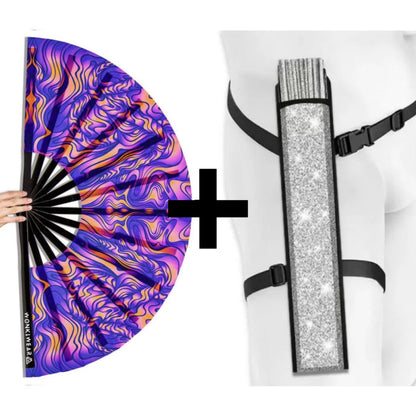 XL UV reactive trippy orange blue rave fan with silver shimmer holster bundle