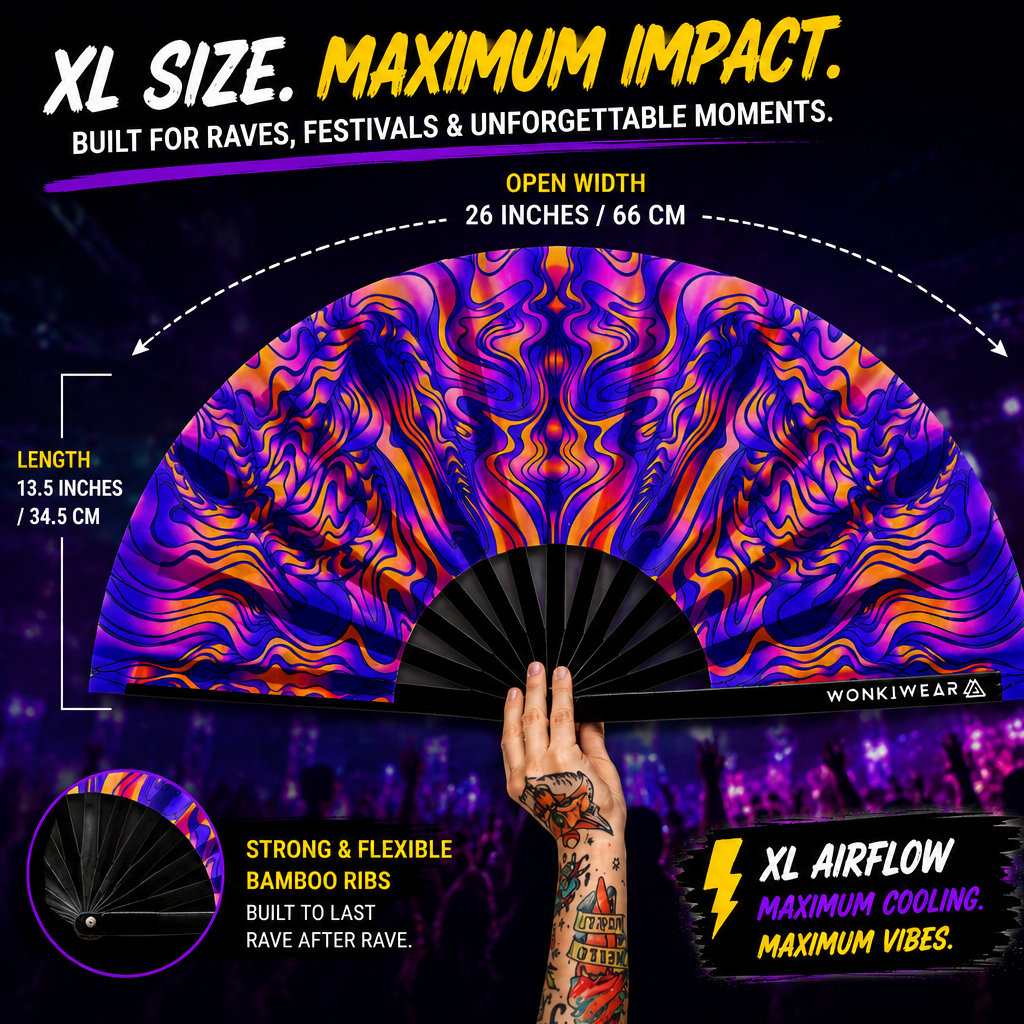 XL trippy orange blue festival fan dimensions and airflow coverage size guide