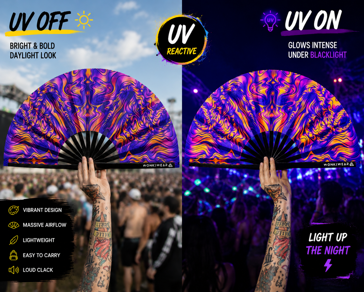 Trippy orange blue festival fan shown in daylight and glowing under UV blacklight