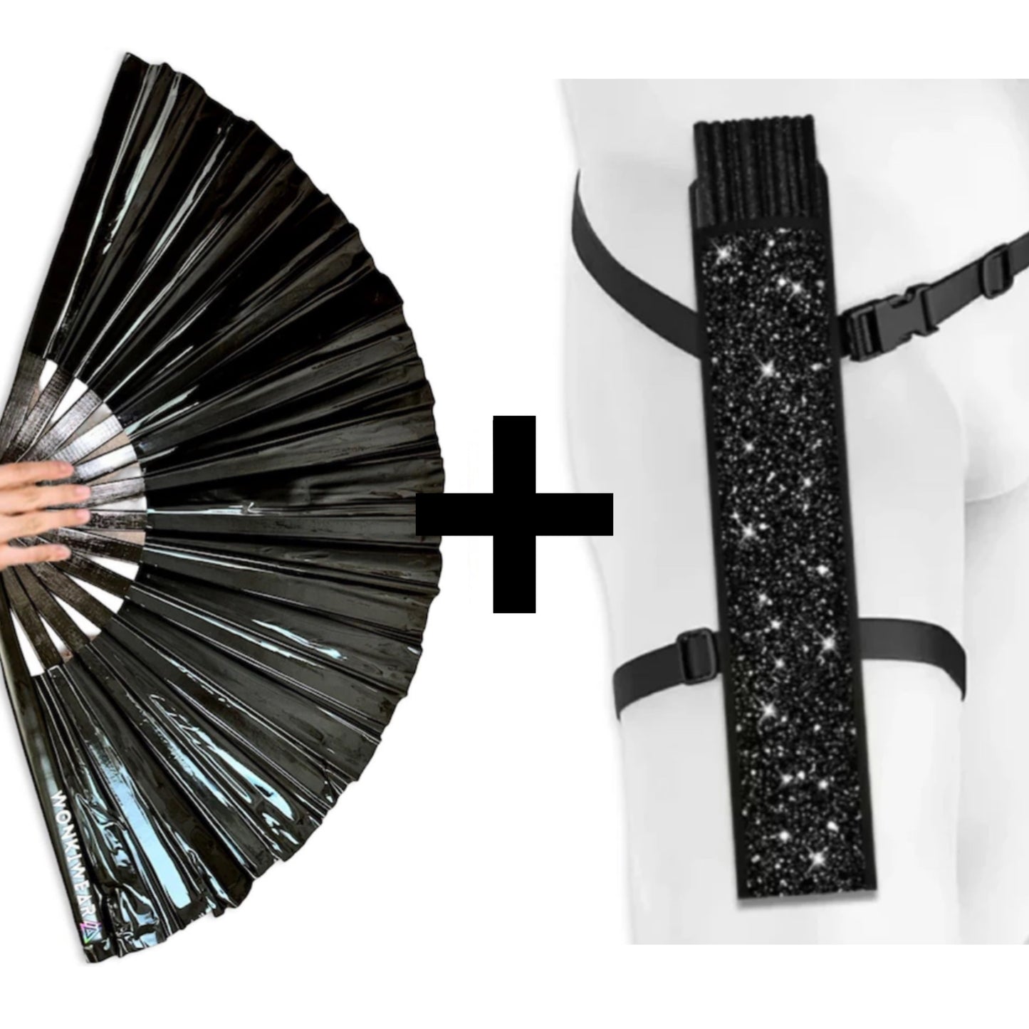 XL Black Raven glossy PVC festival fan with black carrying holster bundle