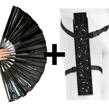 XL Black Raven glossy PVC festival fan with black carrying holster bundle