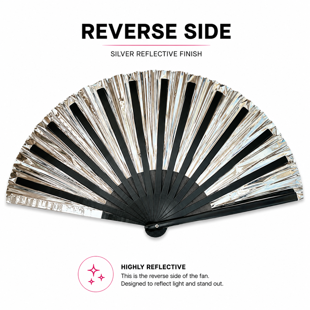 Reverse side of XL Black Raven festival fan with reflective silver finish