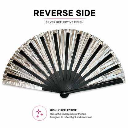 Reverse side of XL Black Raven festival fan with reflective silver finish