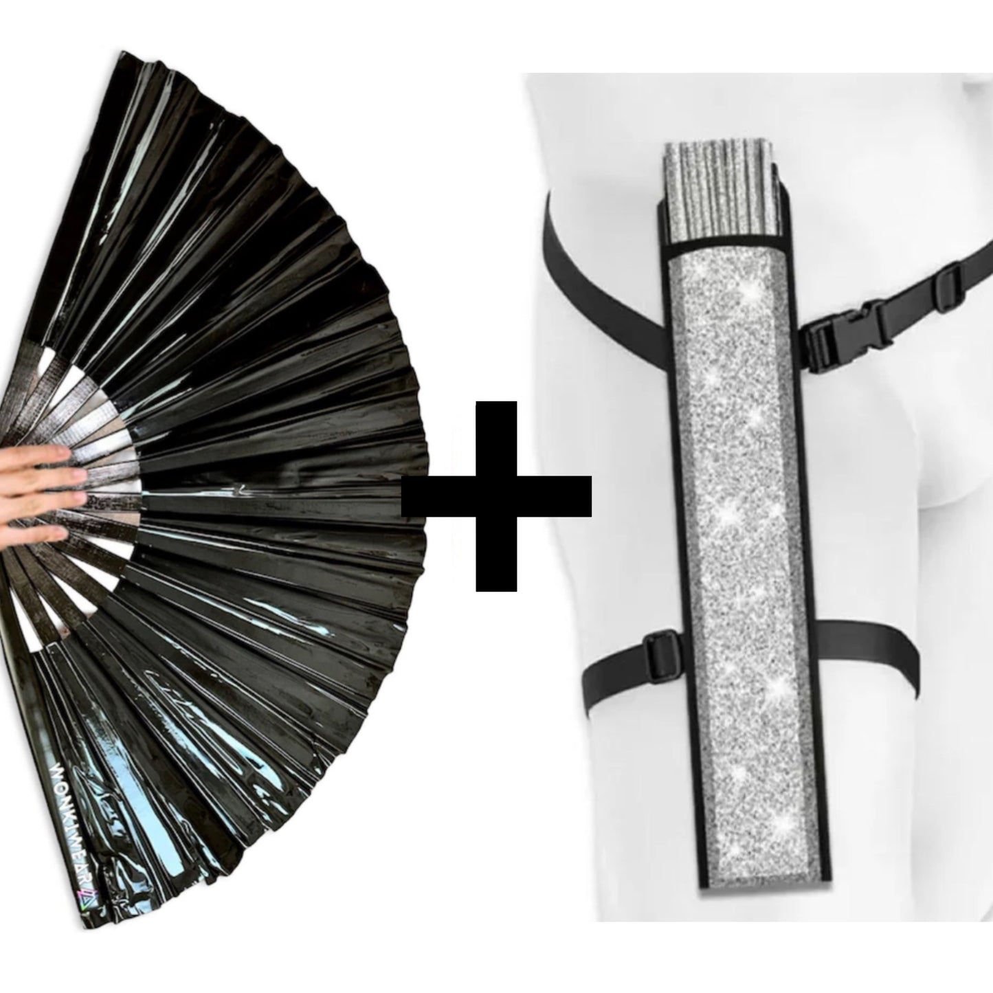 XL Black Raven glossy festival fan with silver carrying holster bundle