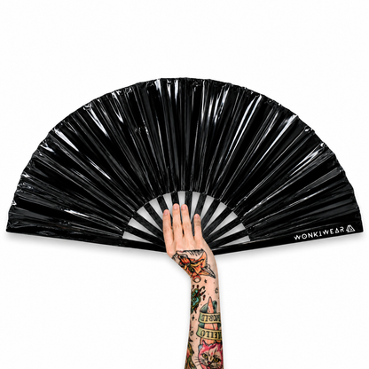 XL Black Raven glossy black PVC festival fan front view
