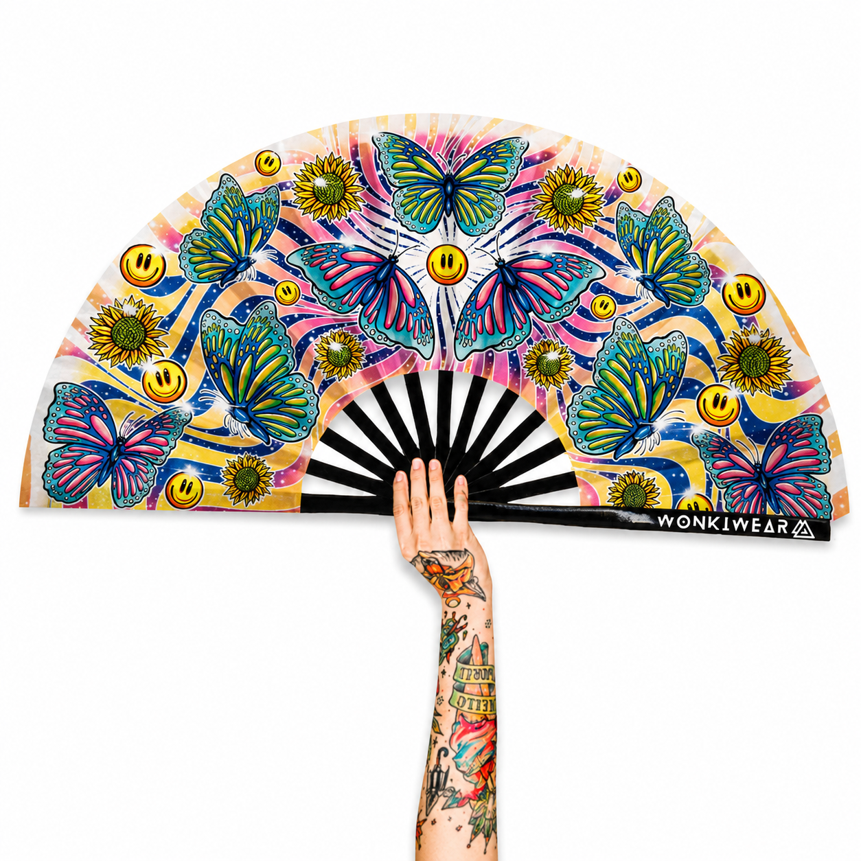 XL Butterfly Haven festival fan with colourful butterfly artwork, sunflowers and smiley faces