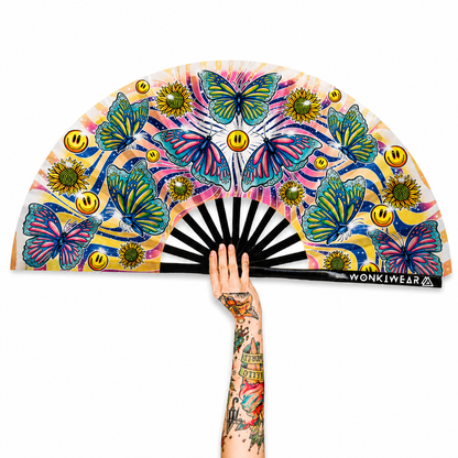 XL Butterfly Haven festival fan with colourful butterfly artwork, sunflowers and smiley faces