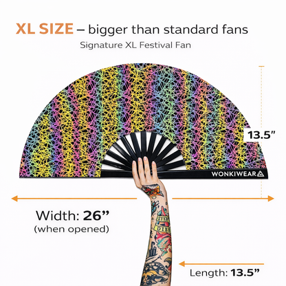 Size guide for XL flash reflective entrapment festival fan showing 26 inch width and 13.5 inch length